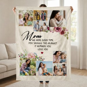Personalised Floral 8 Photos Soft Throw Blanket with Name and Text Home Decor Mother's Day Gift for Mom