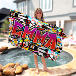 Personalized Doodle Style Quick Dry Oversized Microfiber Beach Towel with Gradient Name Summer Vacation Travel Use Birthday Gift for Family Friend Kid