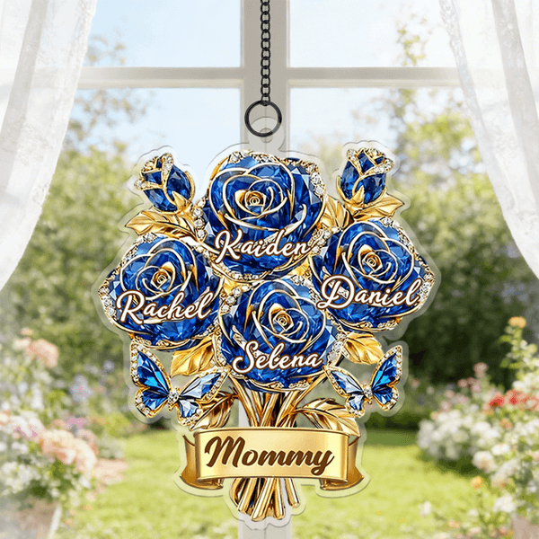 Personalised Crystal Rose Bouquet Butterfly Suncatcher Acrylic Ornament with 1-8 Names and Title Home Decor Mother's Day Birthday Gift for Family Mom