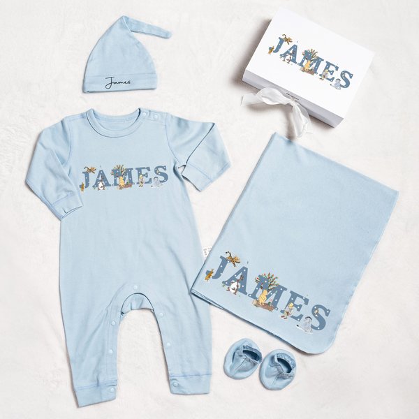 Personalized Classic Winnie the Pooh 100% Cotton Baby Romper Booties Hat Blanket Set with Gift Box and Name Coming Home Baby Shower Gift for Newborn
