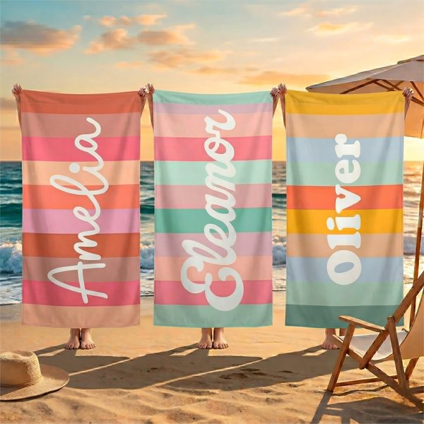 Personalisiertes Strandtuch im Retro-Streifen-Design | mit Namen | schnelltrocknend | Badetuch | Sommer Urlaub Party Geschenk für Familie Freunde