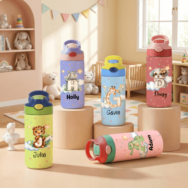Personalized Cute Animal Initial Star Cloud 12 oz Insulated Water Bottle with Name Straw and Spill-Proof Lid Birthday Gift for Kids