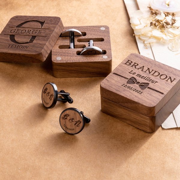 Boutons de manchette personnalisé avec design gravé de nom initiales et date - Boïte en bois à choix - Cadeau de mariage anniversaire pour les hommes