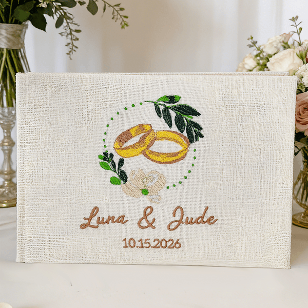 Personalized Flower Wreath Rings Embroidered Wedding Guest Book with Name and Date Wedding Anniversary Gift for Newlyweds