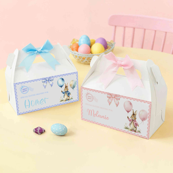 Personalized Easter Bunny Ribbon Bow Gift Box with Handle and Name Easter Party Gift for Boys Girls Kids