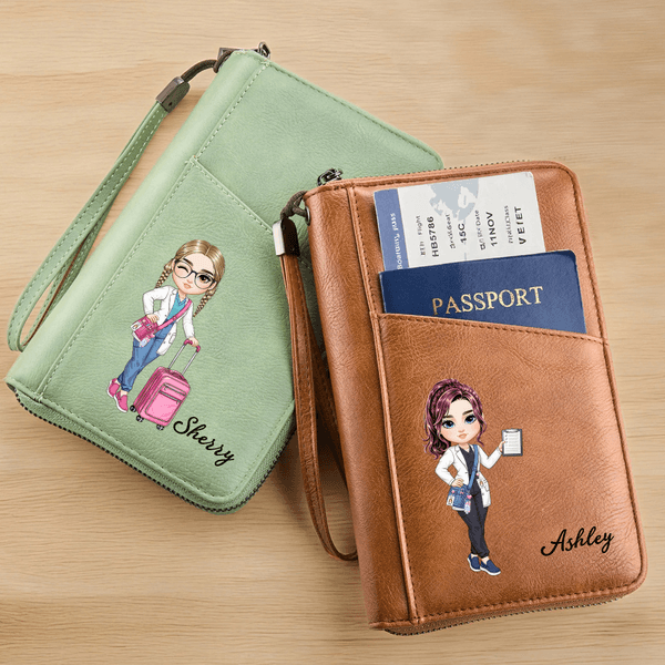 Personalized Nurse Cartoon Character PU Leather Passport Holder Wallet with Name Travel Essential Birthday Gift for Nurse Doctor Medical Staff