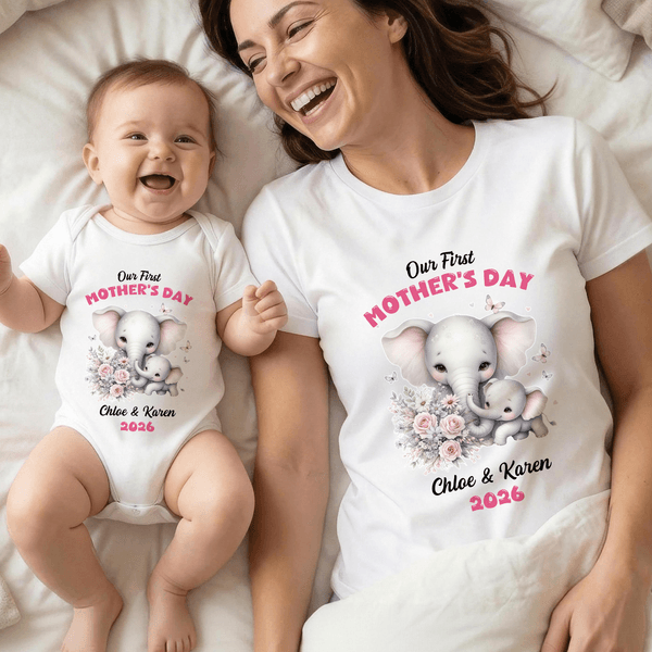 Personalised Our First Mother's Day Elephant 100% Cotton T-shirt Baby Bodysuit with Name Mother's Day Gift for Mother Baby