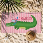 Gepersonaliseerd Gestreept Sneldrogend Extra Groot Strandlaken met Schattige Snorkelkrokodil en Naam Verjaardagscadeau voor Meisjes en Jongens