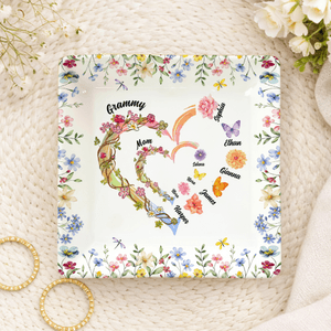 Personalised Watercolour Family Heart Birth Flower Ceramic Trinket Jewellery Dish with Names Birthday Mother's Day Gift for Women