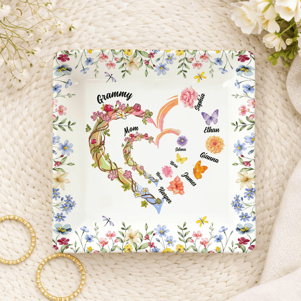 Personalised Watercolor Family Heart Birth Flower Ceramic Trinket Jewellery Dish with Names Birthday Mother's Day Gift for Women