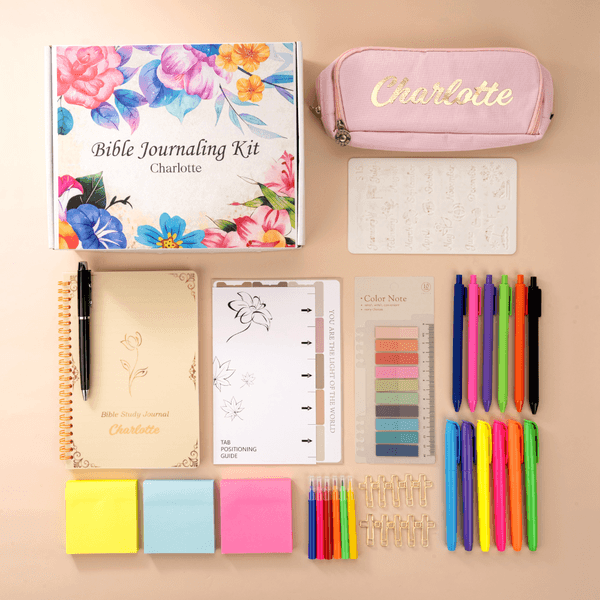 Personalized Floral Notebook Pencil Case Bible Study Kit with Name Colorful Pens and Gift Box 11 Pcs Easter Gift for Christian Catholic