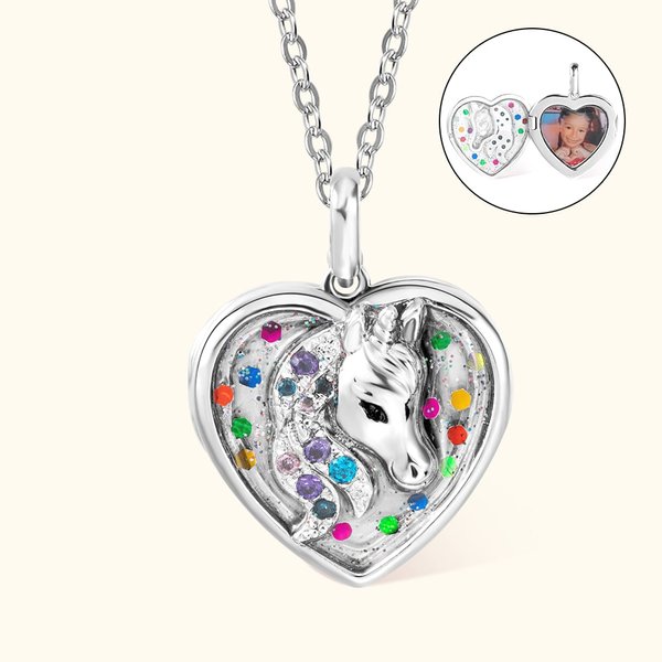 Magie, Mädchen, Medaillon | Personalisierte Einhorn-Halskette mit Foto-Medaillon | Herz-Anhänger mit Pailletten | Geburtstag Geschenk für Mädchen