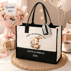Personalised Cute Animal Design Our First Mother's Day Large Capacity Canvas Tote Bag with Name Mother's Day Birthday Gift for Moms