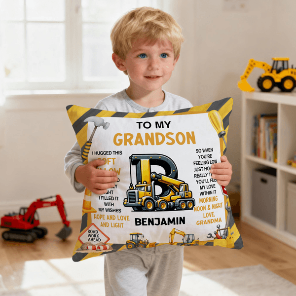 Vehículo de Construcción Personalizado Funda de Almohada Suave con Nombre Inicial y Título Decoración de Dormitorio Regalo de Cumpleaños para Niños Niños