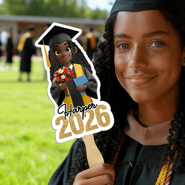 Personalised Glitter Cartoon Character Graduation Fan with Name and Year Graduation Gift for Graduates Friends