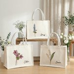 Personalised Vintage Birth Flower Canvas Large Tote Bag with Name Daily Use Mother's Day Birthday Gift for Mom Grandmother