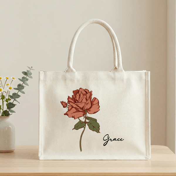 Personalised Vintage Birth Flower Canvas Large Tote Bag with Name Daily Use Mother's Day Birthday Gift for Mom Grandmother