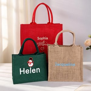 Personalised Santa Claus Christmas-Themed Large Jute Tote Bag with Embroidered Name Daily Use Bridal Party Christmas Gift for Woman Family Bridesmaid
