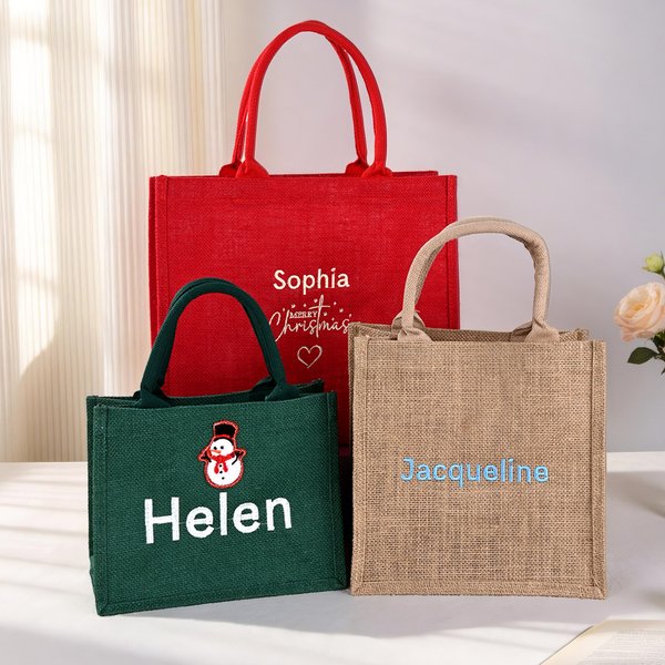 Personalized Santa Claus Christmas-Themed Large Jute Tote Bag with Embroidered Name Daily Use Bridal Party Christmas Gift for Woman Family Bridesmaid