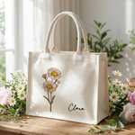 Personalised Vintage Birth Flower Canvas Large Tote Bag with Name Daily Use Mother's Day Birthday Gift for Mom Grandmother