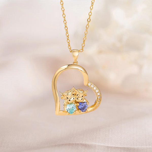 Cuore personalizzato 2 Highland Cows Birthstones Collana Dainty Gioielli Compleanno Anniversario Regalo per coppie Amici Highland Cow Lovers