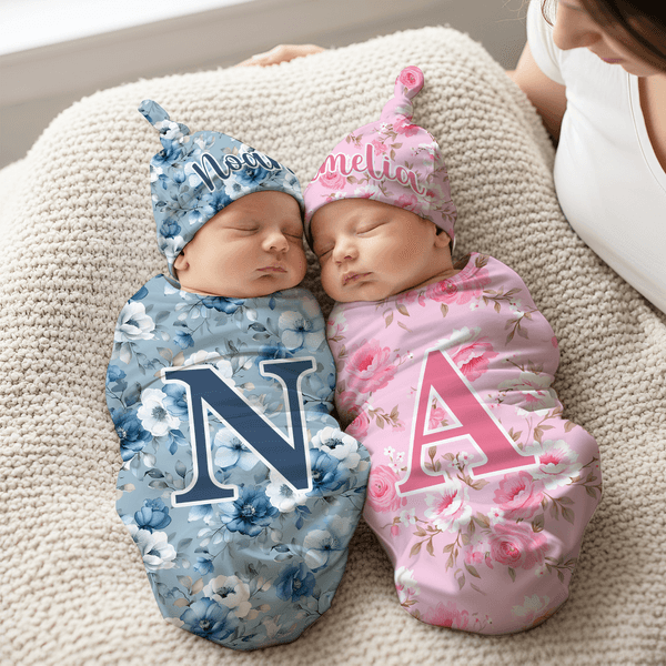 Henkilökohtainen vesivärikukkakuvio 100% puuvillaa pehmeä Swaddle hattu asetettu nimi ja Initial Syntymäpäivä Baby Shower lahja vauva vastasyntyneelle Baby Newborn