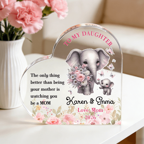 Personalised Cute Elephant Heart-Shaped Acrylic Plaque with Name and Year Anniversary Mother's Day Gift for Moms Kids