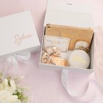 Personalisierte Multicolor Make-up Tasche Brautjungfer Geschenk-Set mit Namen Geschenk-Box und Scrunchie 5 Pcs Bachelor Party Hochzeit Brautjungfer Geschenk für Sie