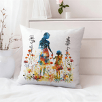 Personalized Colourful Mom Daughter Silhouette Soft Throw Pillow Cover with Name and Birth Flower Mother's Day Birthday Gift for Mom Grandmother