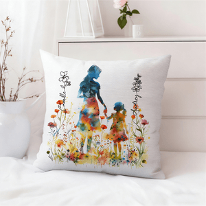 Personalised Colourful Mom Daughter Silhouette Soft Cushion Cover with Name and Birth Flower Mother's Day Birthday Gift for Mom Grandmother