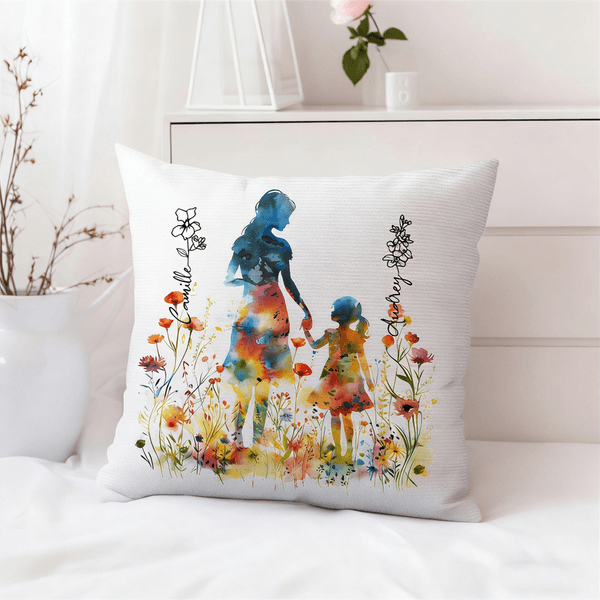 Personalised Colourful Mom Daughter Silhouette Soft Cushion Cover with Name and Birth Flower Mother's Day Birthday Gift for Mom Grandmother