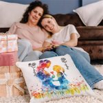 Personalized Colourful Mom Daughter Silhouette Soft Throw Pillow Cover with Name and Birth Flower Mother's Day Birthday Gift for Mom Grandmother