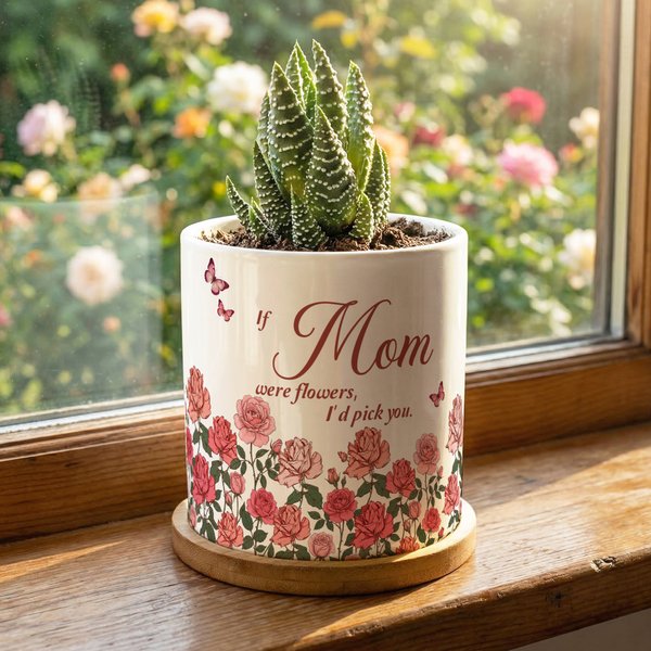 Personalised Birth Flower Butterfly Ceramic Planter Pot with Nickname and Bamboo Tray Daily Use Mother's Day Gift for Mom Grandma