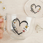 Personalized 1-6 Birth Flowers Heart 16 oz Clear Glass Mug with Coaster Nickname and Names Birthday Mother's Day Gift for Mom Grandma