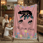 Personalized Flower Bear Soft Throw Blanket with 1-8 Names Title Text Home Decor Birthday Mother's Day Gift for Mom Grandma