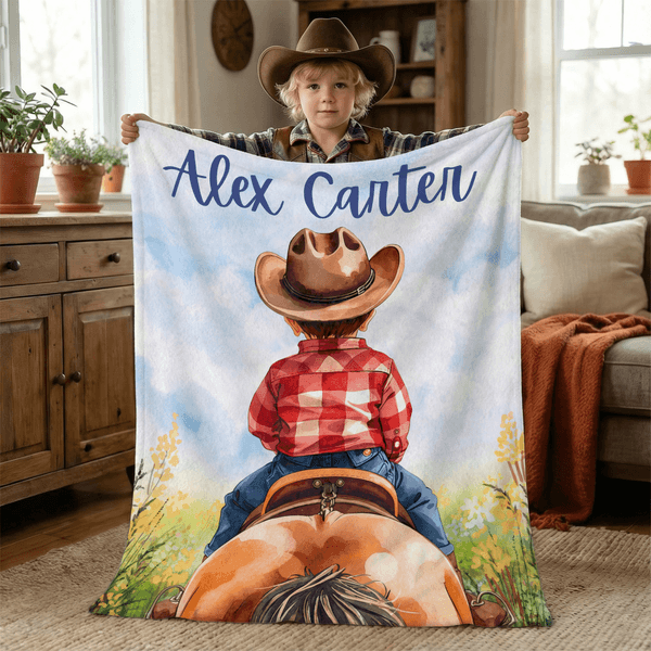 Personalized Cute Cowboy Cowgirl Soft Throw Blanket with Name Home Decor Daily Use Birthday Gift for Horse Lovers Kids