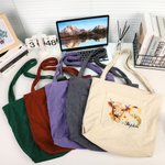 Personalized Floral Highland Cow Corduroy Tote Bag with Letter and Name Daily Use Birthday Mother's Day Gift for Girls Women