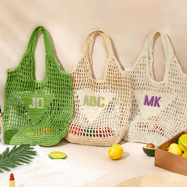 Personalised Monogram Embroidery Design Hollow Woven Tote Bag  Daily Use Mother's Day Birthday Gift for Mom Friend Woman