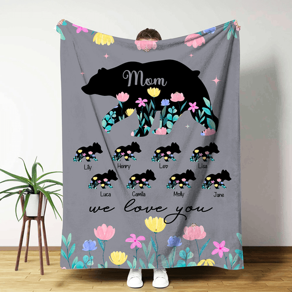 Personalized Flower Bear Soft Throw Blanket with 1-8 Names Title Text Home Decor Birthday Mother's Day Gift for Mom Grandma