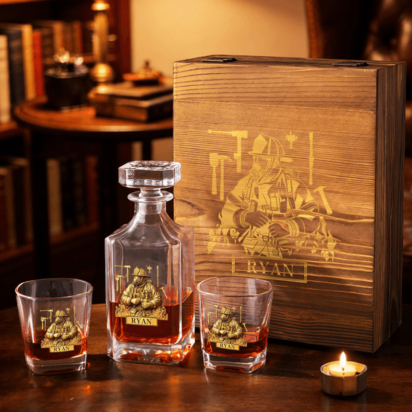 Personalized Firefighter Design Whiskey Decanter with Name and Initial Father's Day Birthday Gift for Man Bartender Dad