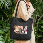 Personalized Floral Highland Cow Corduroy Tote Bag with Letter and Name Daily Use Birthday Mother's Day Gift for Girls Women