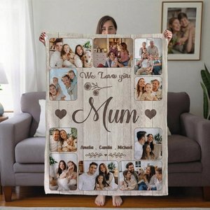 Personalised 10 Family Photos Soft Throw Blanket with 1-8 Names and Text Home Decor Mother's Day Father's Day Birthday Gift for Mum Grandma Dad