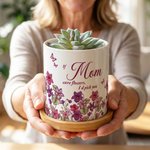 Personalised Birth Flower Butterfly Ceramic Planter Pot with Nickname and Bamboo Tray Daily Use Mother's Day Gift for Mom Grandma