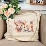 Personalized Floral Highland Cow Corduroy Tote Bag with Letter and Name Daily Use Birthday Mother's Day Gift for Girls Women
