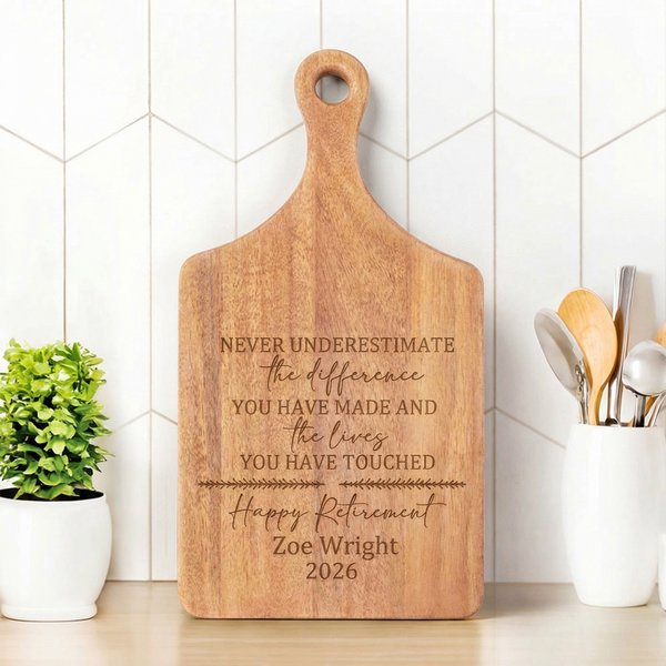 Personalized Retirement Theme Heartfelt Message Wooden Charcuterie Cutting Board with Name and Grip Retirement Gift for Colleague Family Retiree