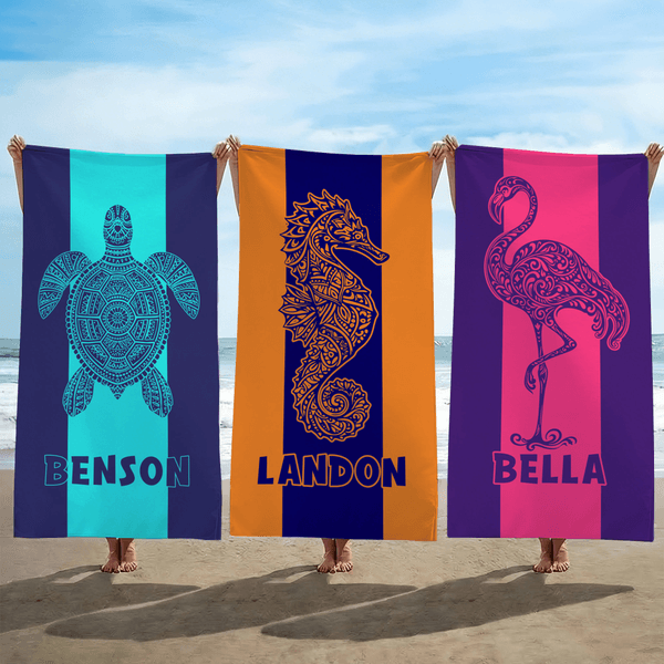 Personalised Colour Blocking Animal Quick Dry Soft Oversized Beach Towel with Name Summer Vacation Beach Party Birthday Gift for Family Friends