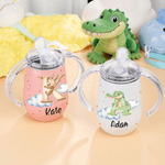 Personalized Cute Animal Initial 10 oz Insulated Sippy Cup with Name and Handle Baby Shower Birthday Gift for Toddler Kid