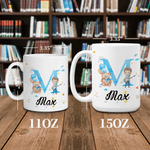 Personalized Cute Cartoon Character Initial 11 oz/15 oz Ceramic Mug with Name and Handle Birthday Gift for Boys Girls