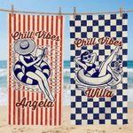Personalizzato Chill Vibes Nuoto Donna Stripe Checker Asciugatura rapida Asciugamano da spiaggia morbido e sovradimensionato con nome Regalo di compleanno estivo per le vacanze per le donne