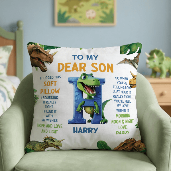 Personalized Dinosaur Soft Throw Pillow Cover with Name and Initial Home Decor Birthday Gift for Dinosaur Lover Kid Boy